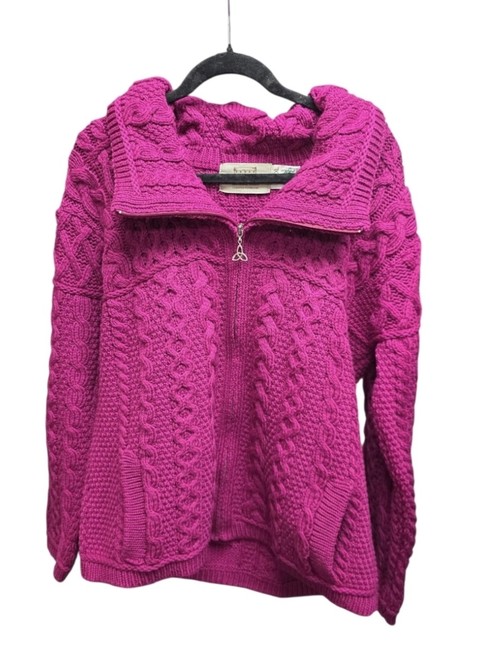 Aran Chunky Cable Knit Half-Zip Sweater Jacket - Hot Pink